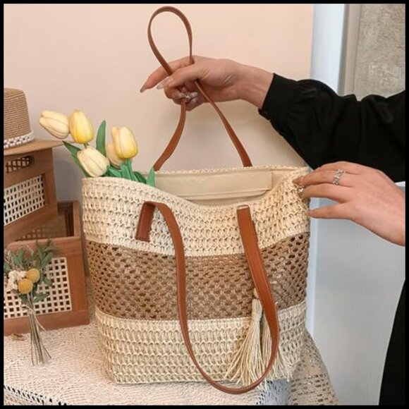 Straw Tote Handbag Handwoven Shoulder Bag Beach Summer Tassels Large Capacity - Picture 3 of 7